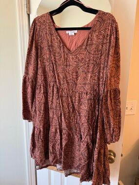 Lucky Brand Rust Paisley Tiered V-Neck Long Sleeve Dress